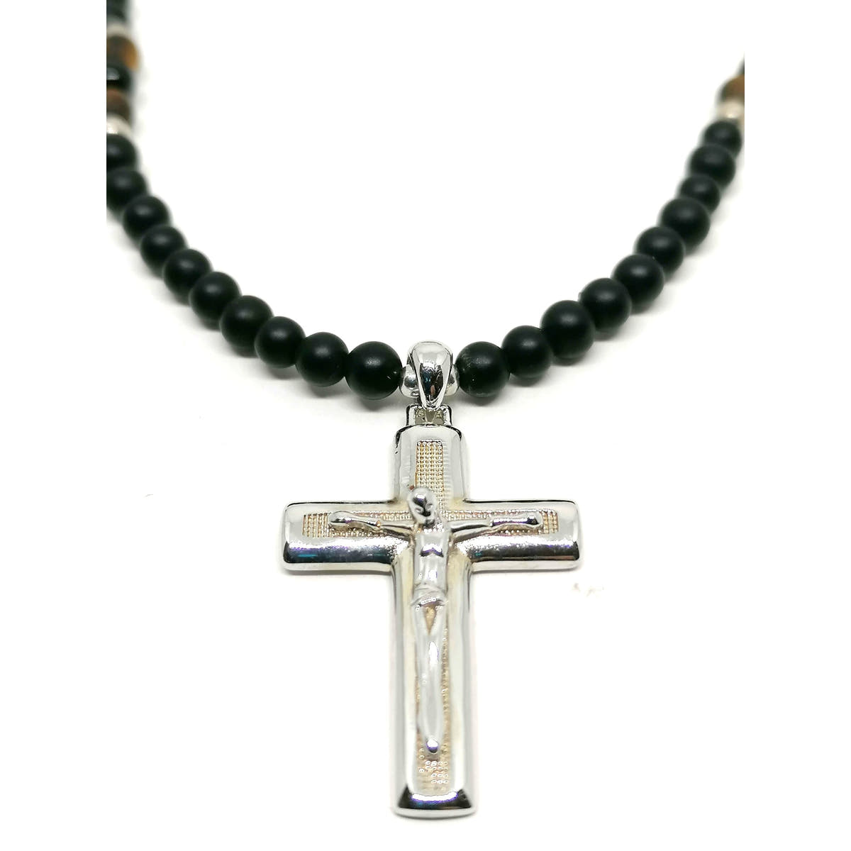 Onyx & Tiger's Eye Cross Necklace, Men's, 4mm, view 2 | Castello Jewels