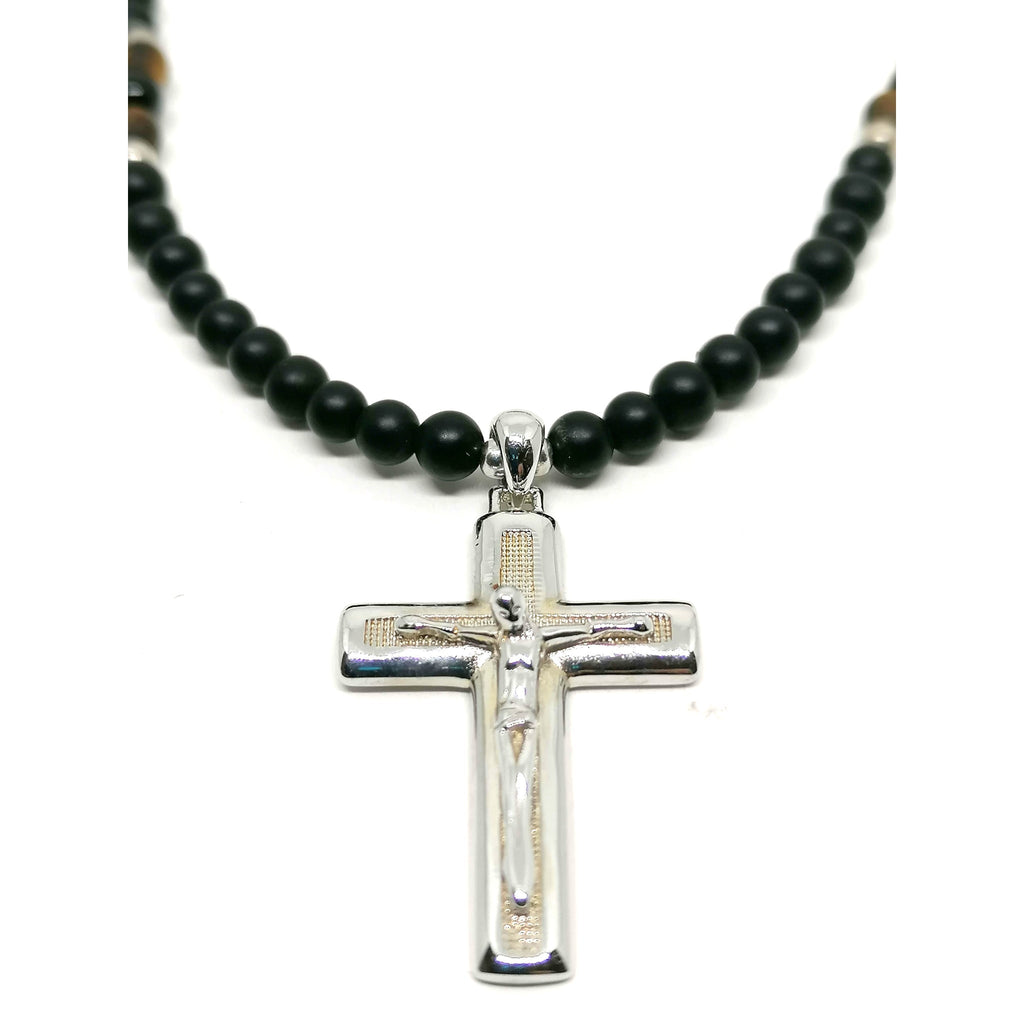 Onyx & Tiger's Eye Cross Necklace, Men's, 4mm, view 2 | Castello Jewels