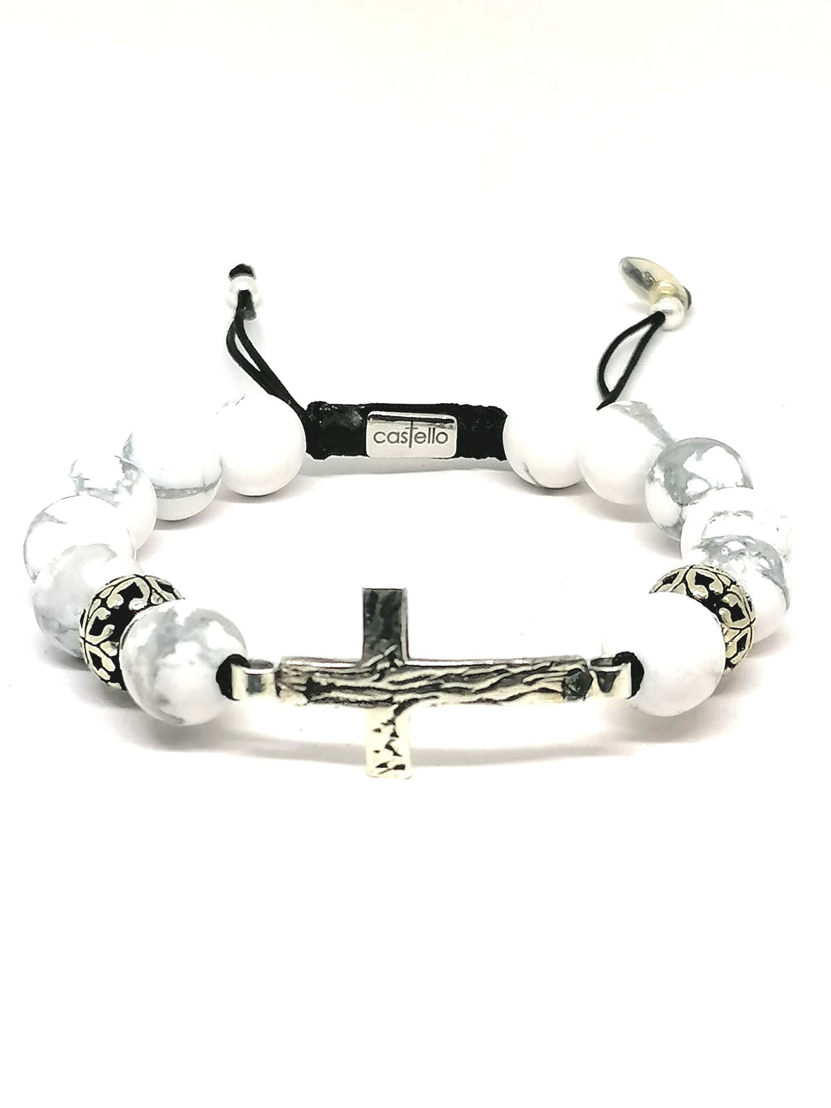 Howlite Cross Bracelet, Sterling Silver, 10mm, view 3 | Castello Jewels