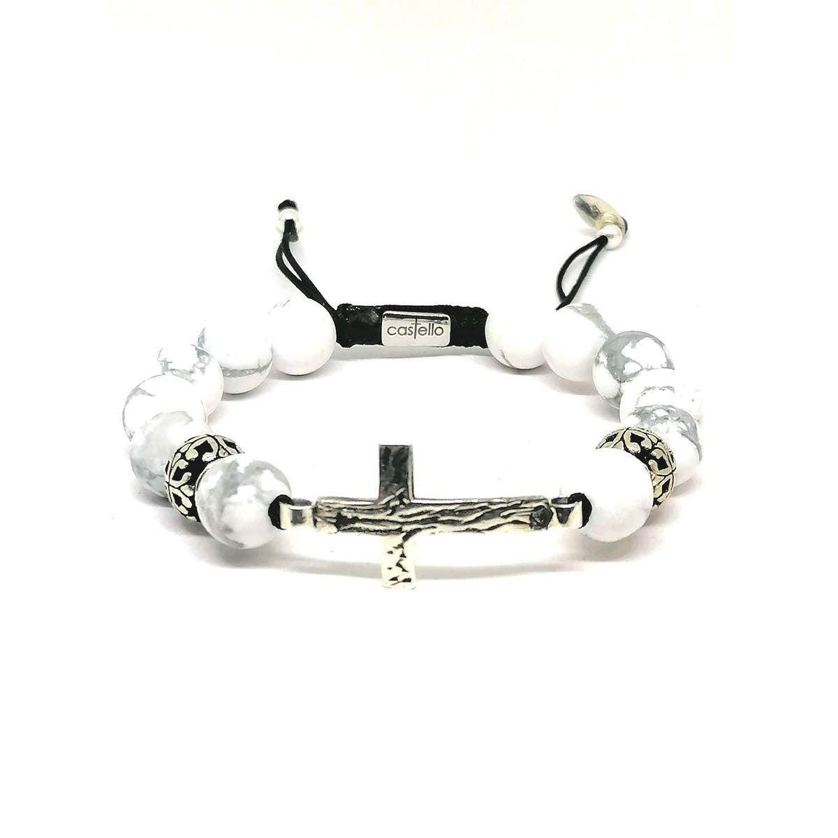 Howlite Cross Bracelet, Sterling Silver, 10mm, view 3 | Castello Jewels