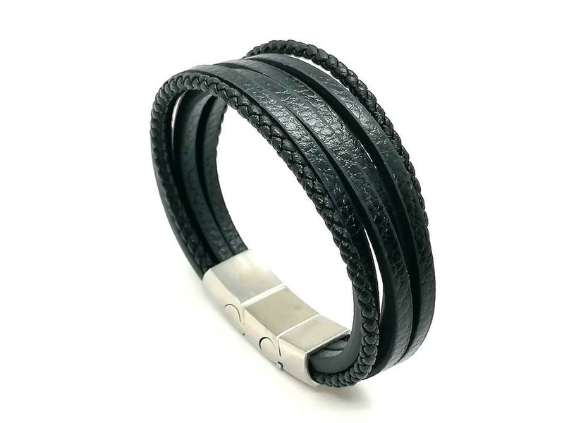 Black Multilayer  Leather Bracelet, Stainless Steel DoubleClasp