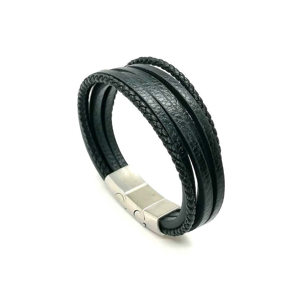 Black Multi-Strand Leather Men's Bracelet, Double Clasp | Castello Jewels
