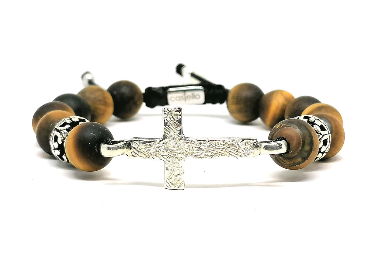 Matte Tiger's Eye Cross Beaded Bracelet, 10mm | Castello Jewels