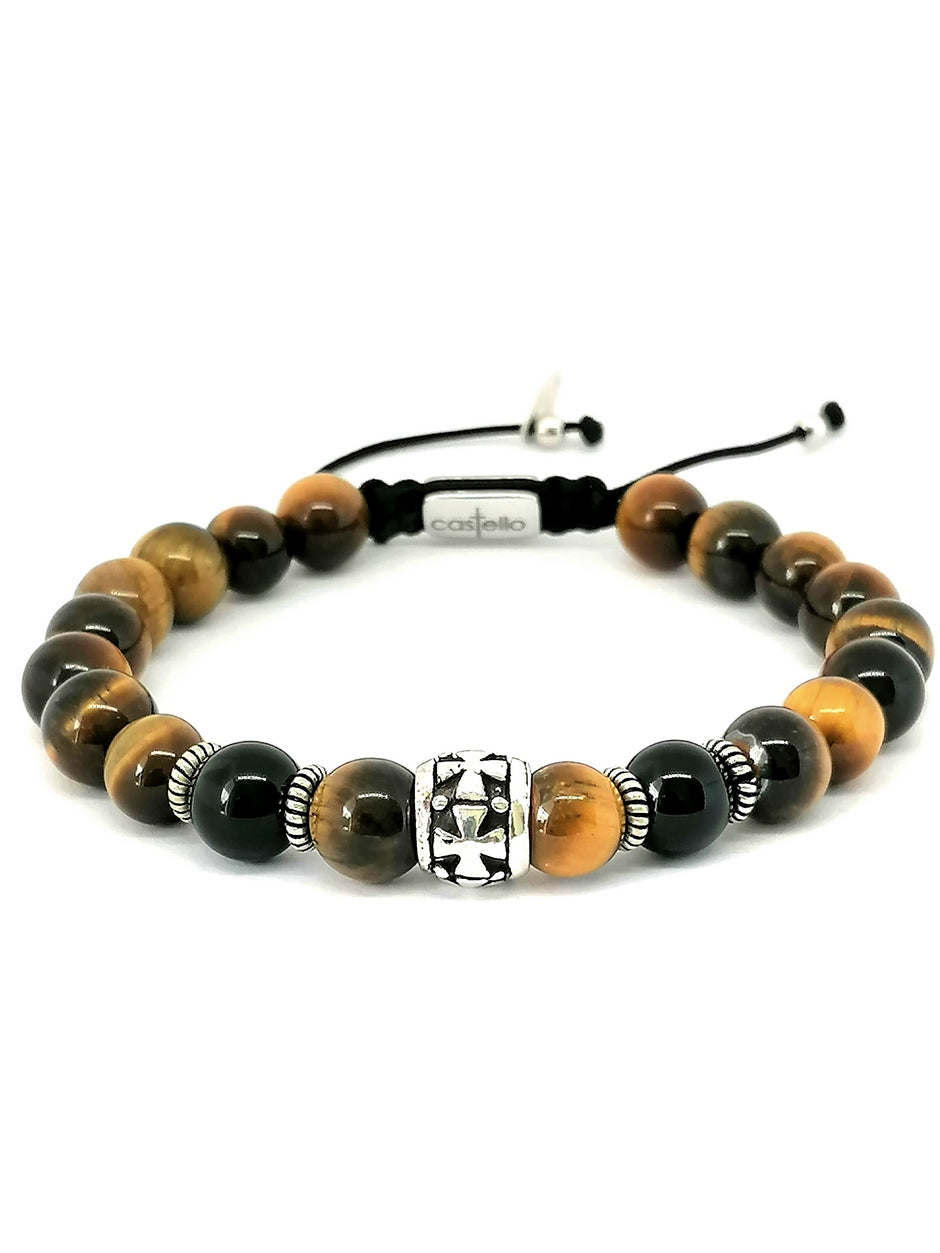 Hand Made Silver Bracelet Knights, Tiger Eye Polish, Onyx Polish stone 8mm — view 3 | Castello Jewels