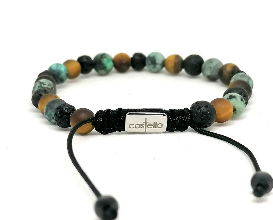 Hand Made Bracelet Tiger Eye Mat, Africa Turquoise, Lava stone 6mm — view 3 | Castello Jewels