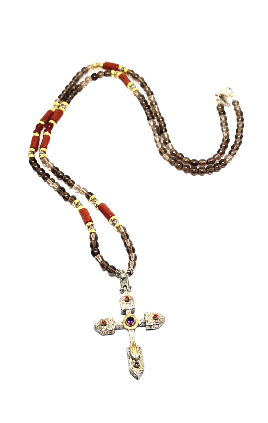 Smoky Quartz & Red Jasper Cross Necklace, 4mm | Castello Jewels