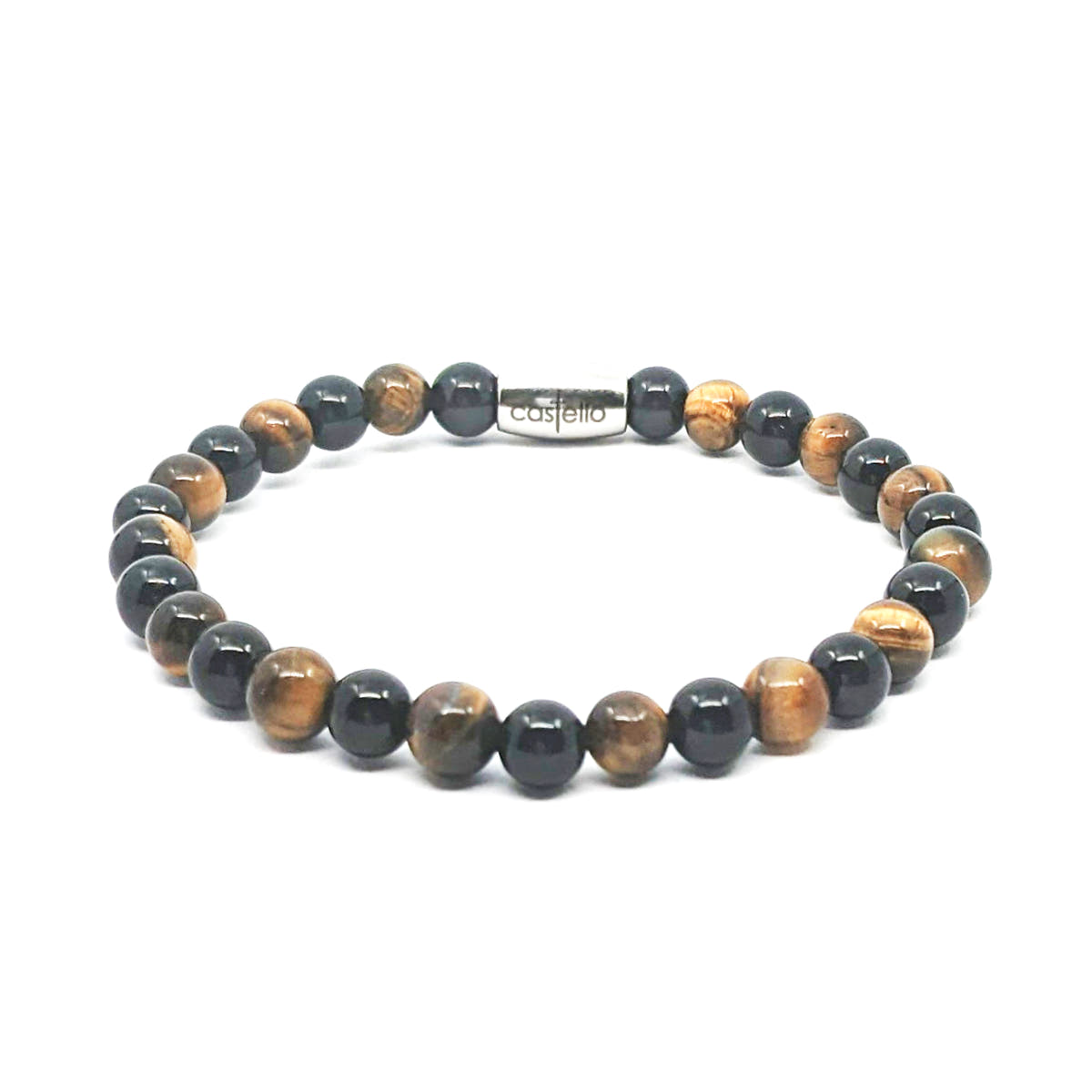 Polished Tiger's Eye & Onyx Bracelet, view 2, 6mm | Castello Jewels