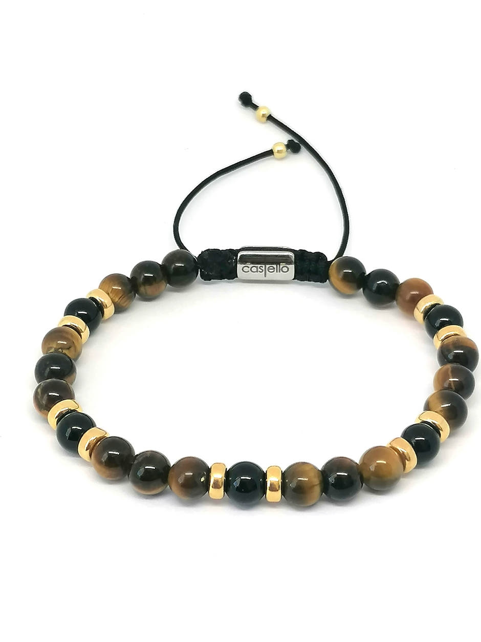 Classic Gold-Plated Polished Tiger's Eye & Onyx Bracelet, 6mm, view 4 | Castello Jewels