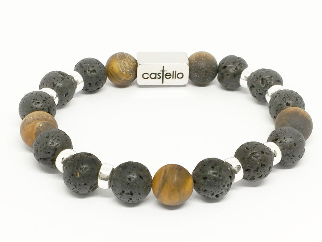 Silver 925 Bracelet Classic Lava Tiger's Eye stone 10mm | Castello Jewels
