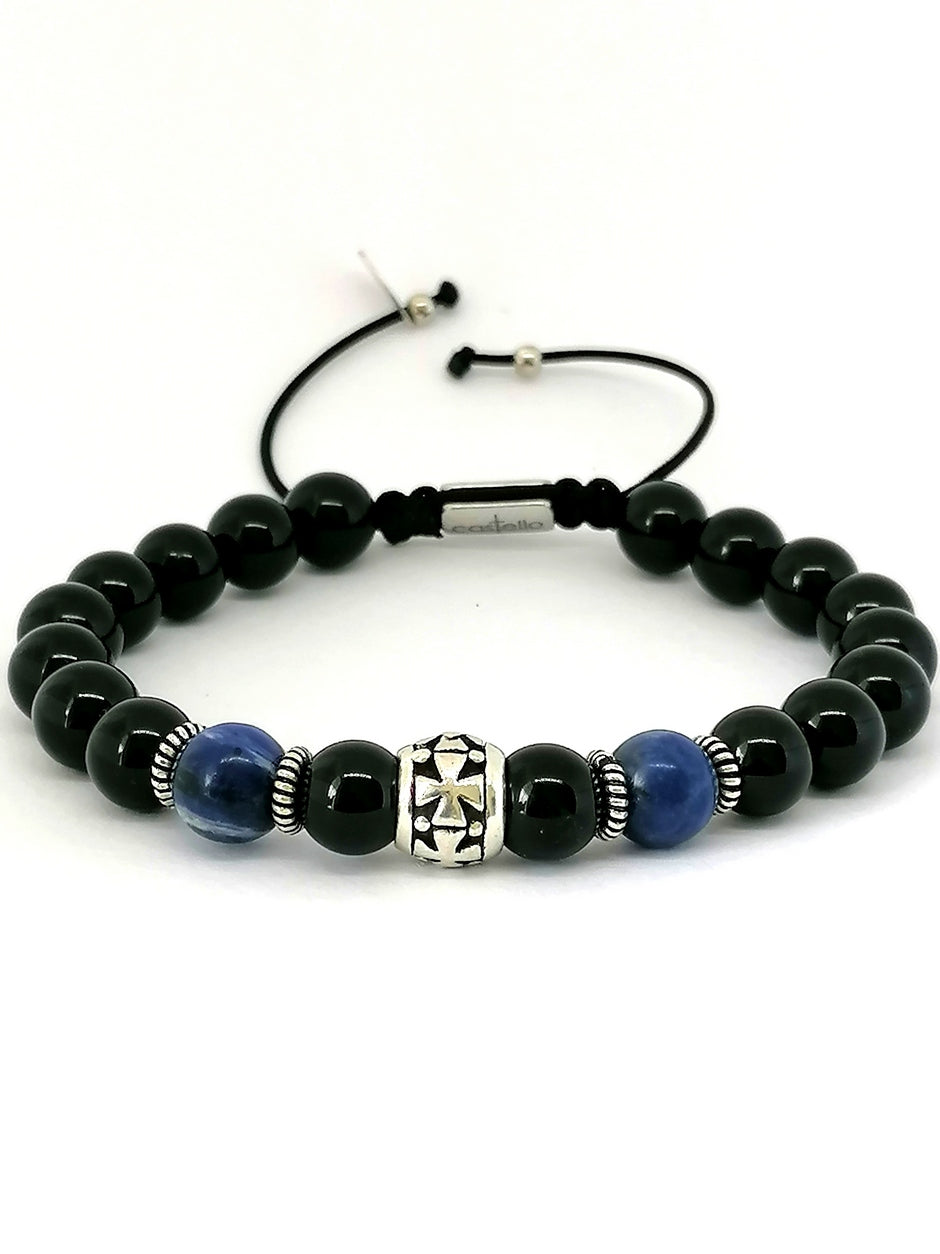Hand Made Silver Bracelet Knights, Onyx Polish, Sodalite stone 8mm — view 3 | Castello Jewels
