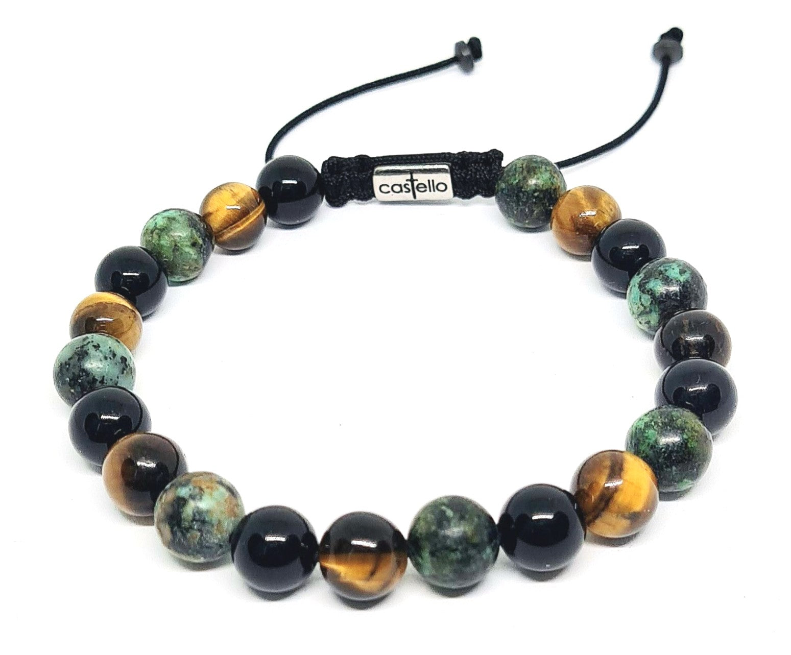 Hand Made Bracelet, Africa Turquoise, Tiger's Eye Polish, Onyx Polish 8mm stone | Castello Jewels