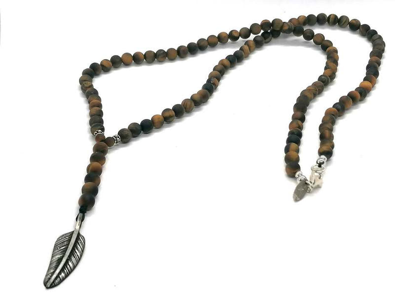 Tiger's Eye Rosary Necklace, Feather Pendant, Matte · 6mm