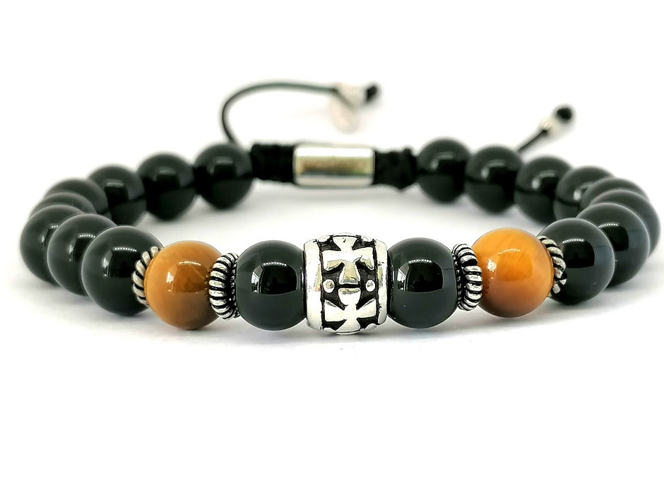 Hand Made Silver Bracelet Knights, Onyx Polish, Tiger Eye Polish stone 8mm | Castello Jewels