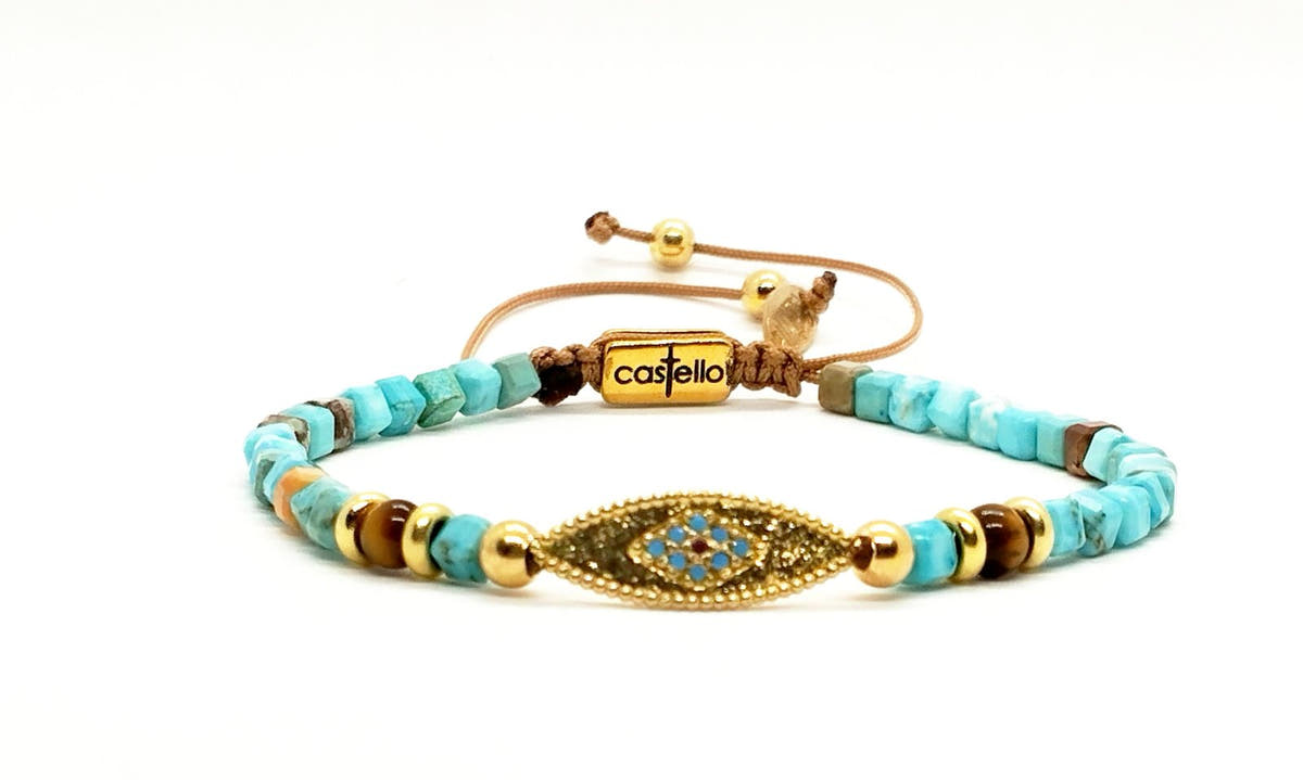 Jasper Turquoise Evil Eye Gold-Plated Bracelet, 4mm | Castello Jewels
