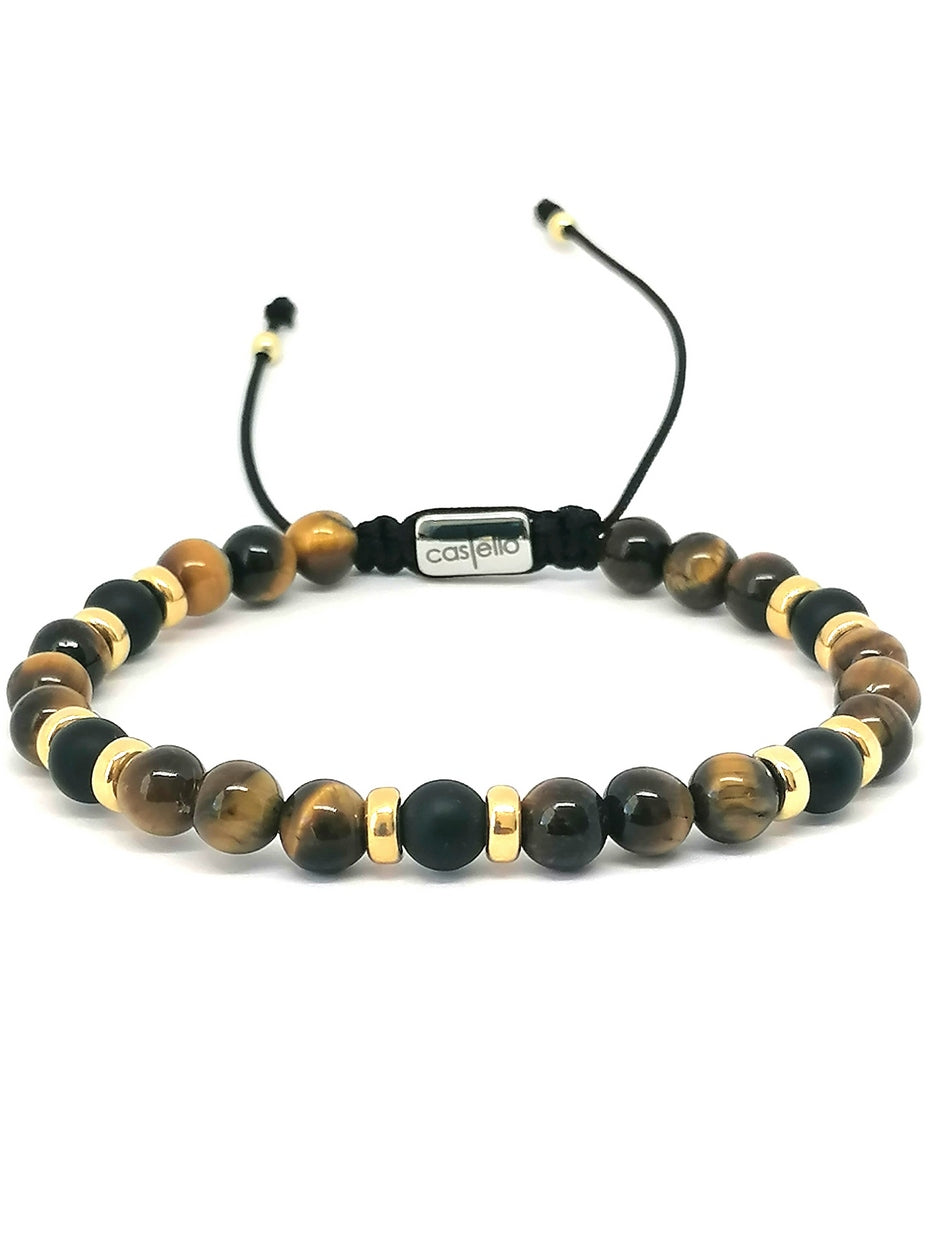 Silver 925 Gold Plated Bracelet Classic, Tiger Eye Polish, Onyx Mat 6mm stone — view 3 | Castello Jewels