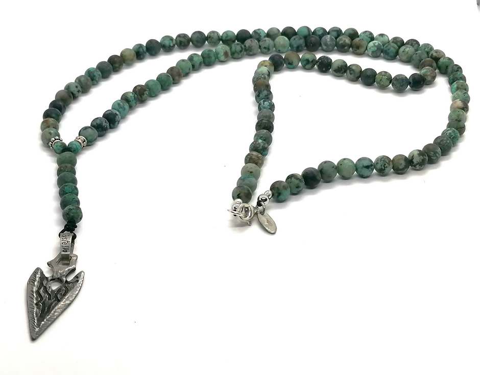 African Turquoise Rosary Necklace, Arrowhead Pendant, 6mm | Castello Jewels