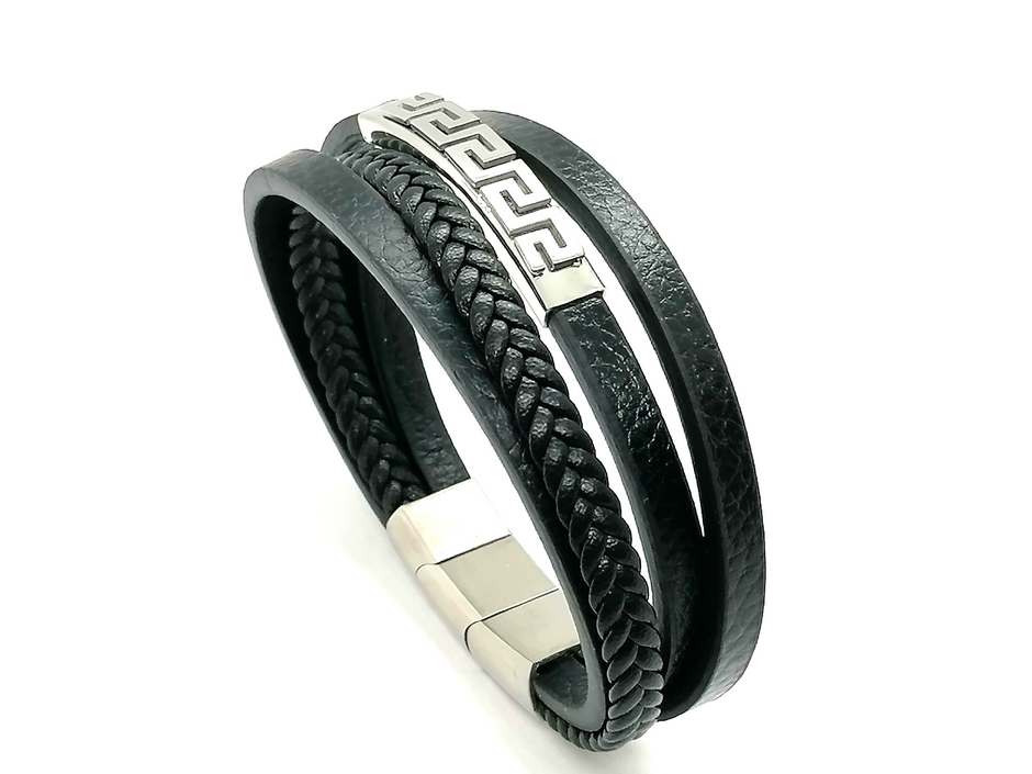 Greca style, Black Multilayer Leather Bracelet, Stainless Steel DoubleClasp — view 2 | Castello Jewels