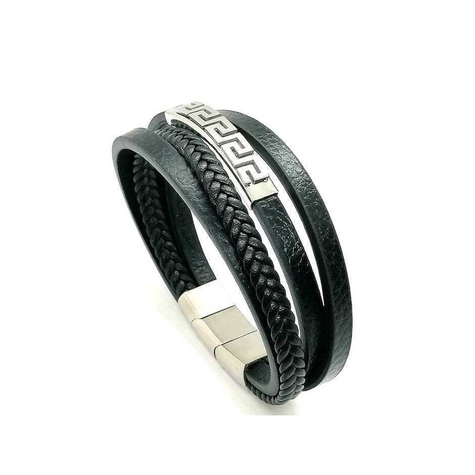 Greca style, Black Multilayer Leather Bracelet, Stainless Steel DoubleClasp — view 2 | Castello Jewels