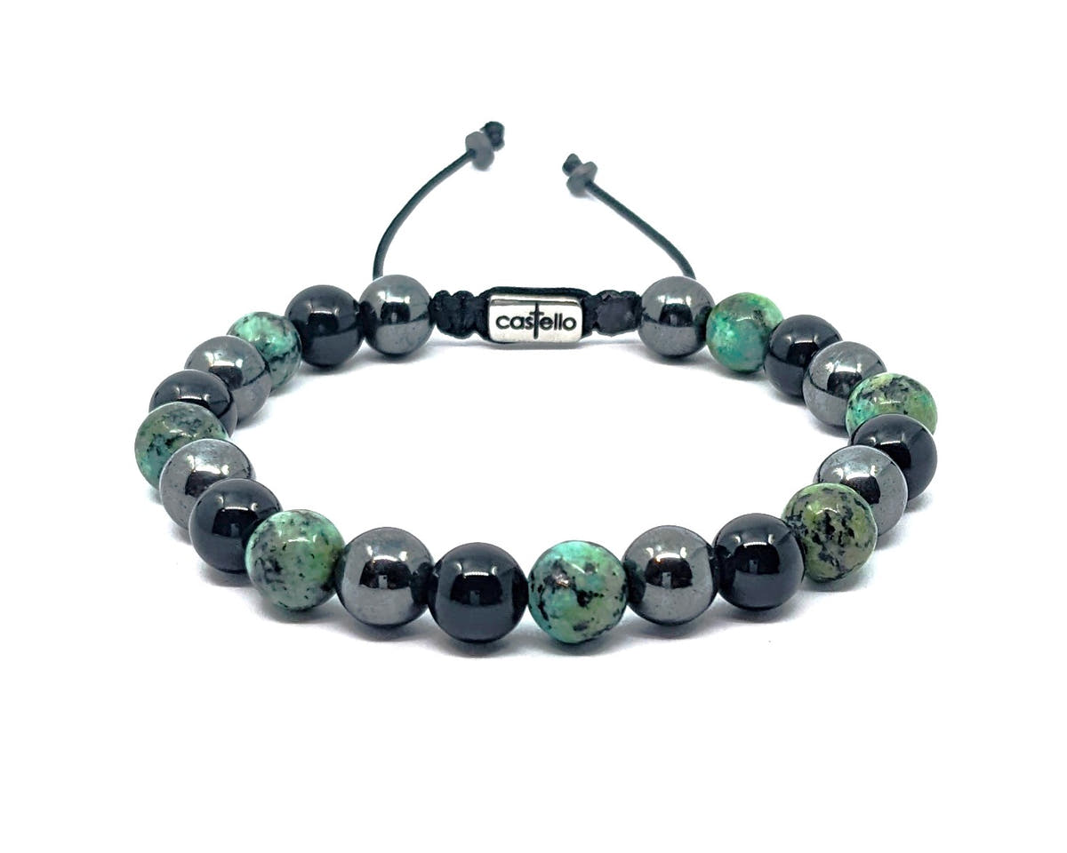 Onyx, African Turquoise & Hematite Beaded Bracelet, 8mm | Castello Jewels