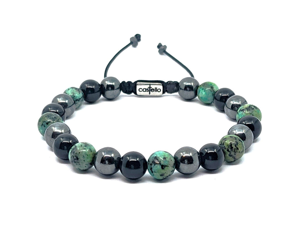 Hand Made Bracelet Onyx Polich, African Turquoise, Hematite stone 8mm | Castello Jewels