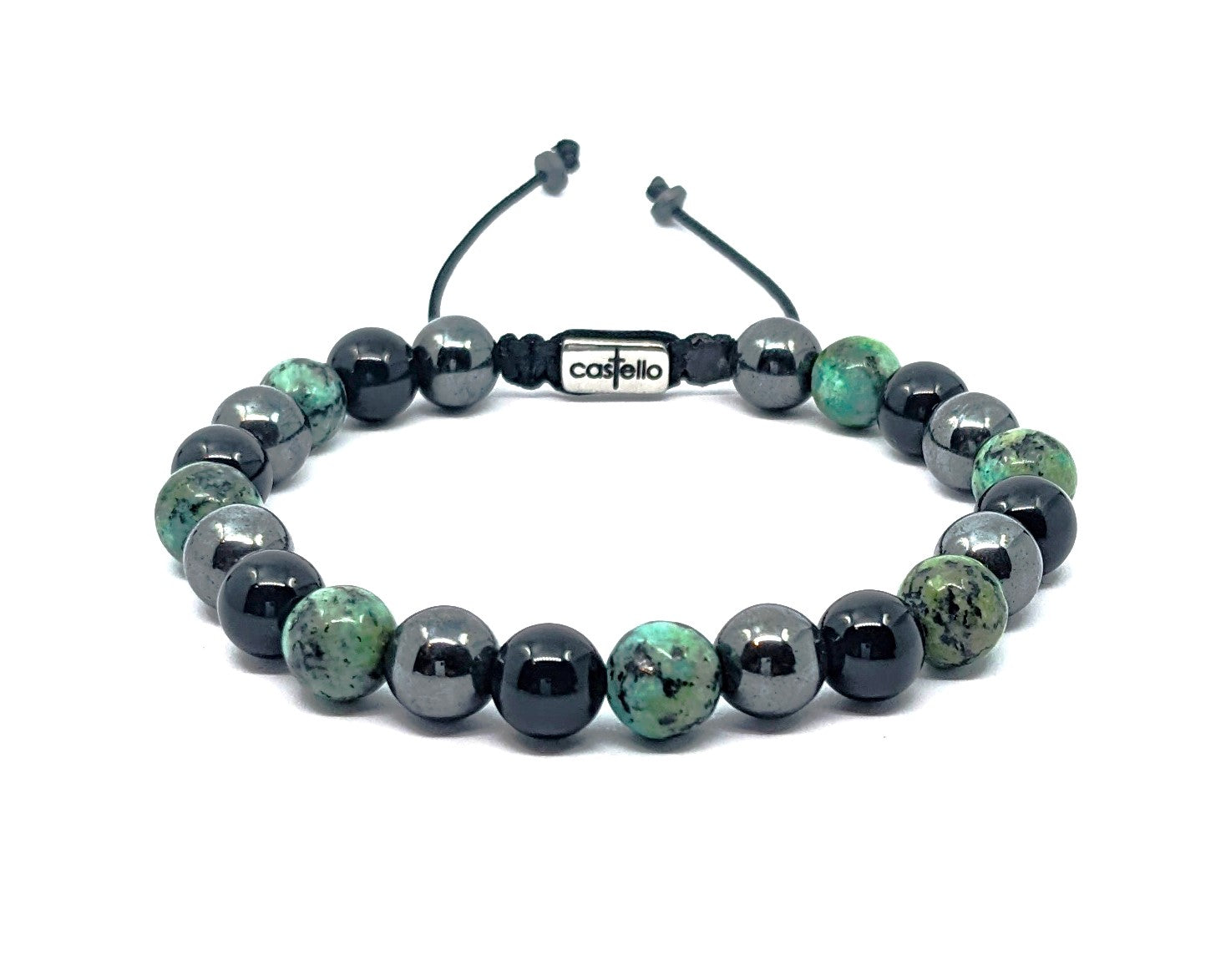 Hand Made Bracelet Onyx Polich, African Turquoise, Hematite stone 8mm | Castello Jewels