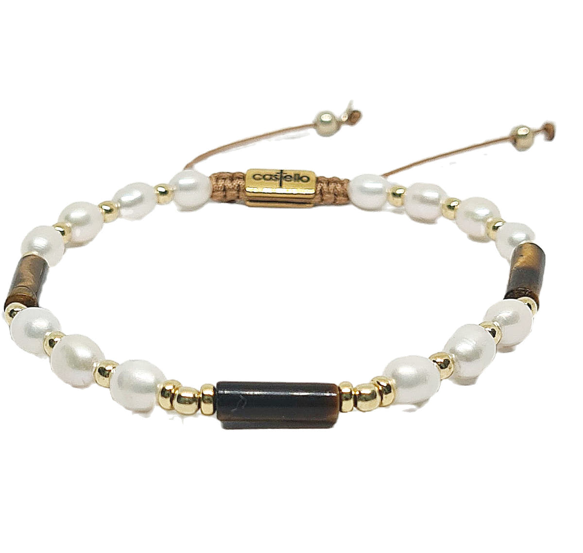 Tiger's Eye & Pearl Gold-Plated Bracelet, Sterling Silver, 6mm | Castello Jewels