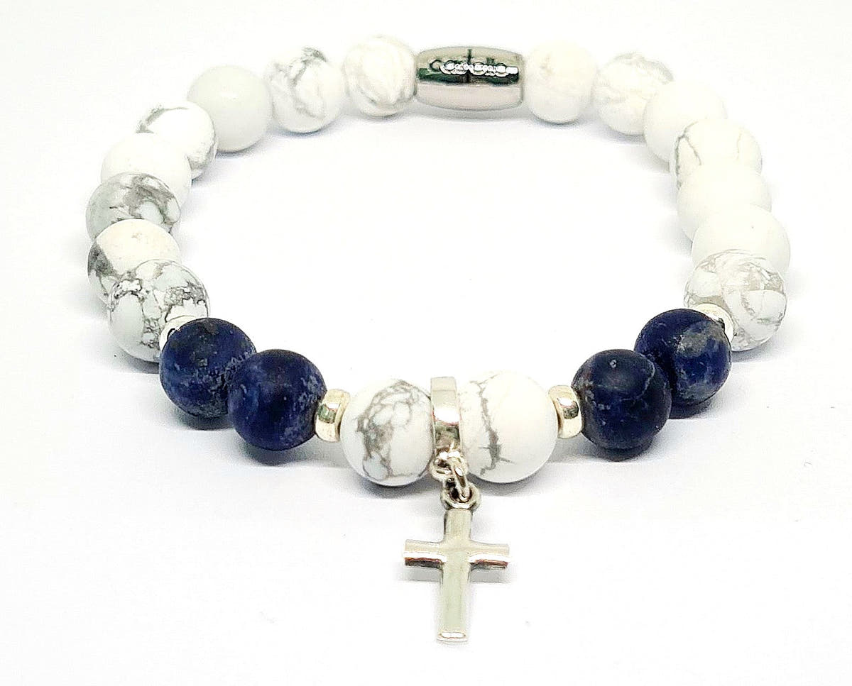 Howlite & Sodalite Cross Bracelet, Sterling Silver, 8mm | Castello Jewels