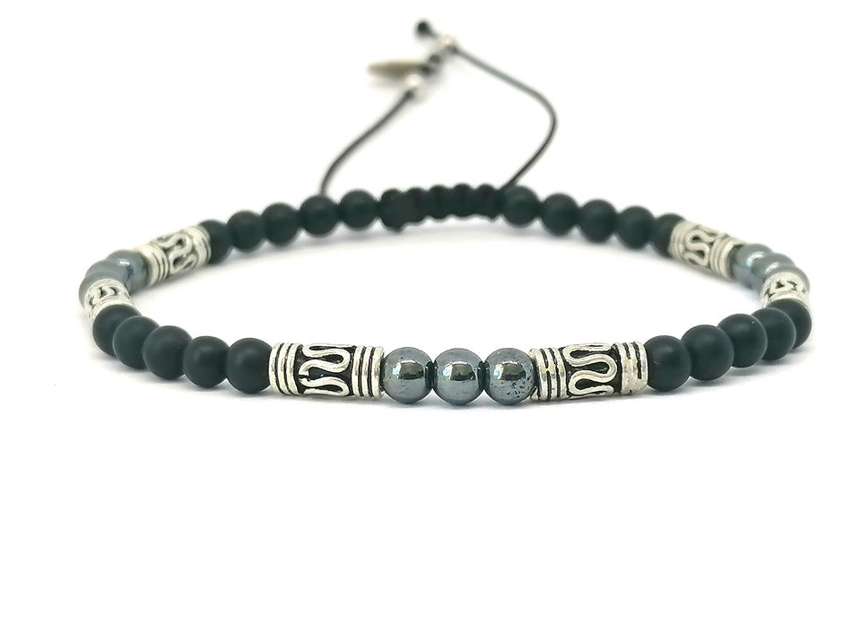 Hand Made Silver Bracelet Ancient, Onyx mat, Hematite stone 4mm | Castello Jewels