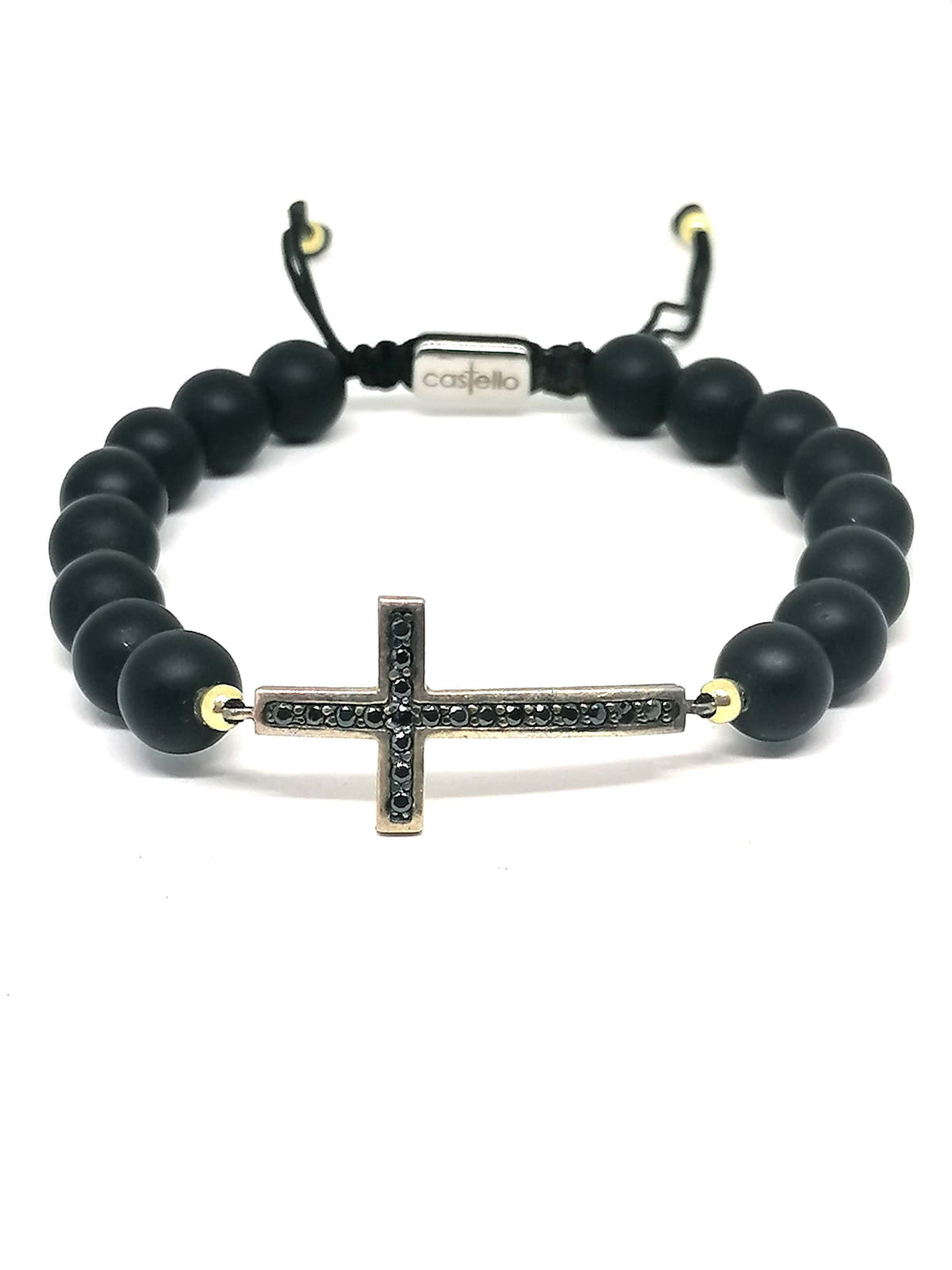 Matte Onyx Cross Bracelet, Gold-Plated, 8mm, view 3 | Castello Jewels