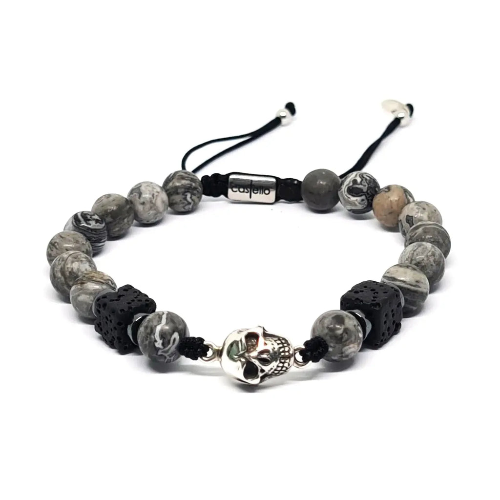 Grey Picasso Jasper & Lava Skull Bracelet, 8mm | Castello Jewels