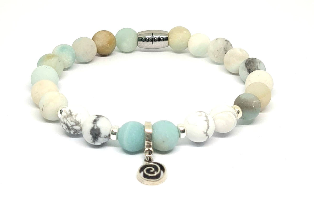 Greek Spiral Charm Bracelet, Amazonite & Howlite, 8mm | Castello Jewels