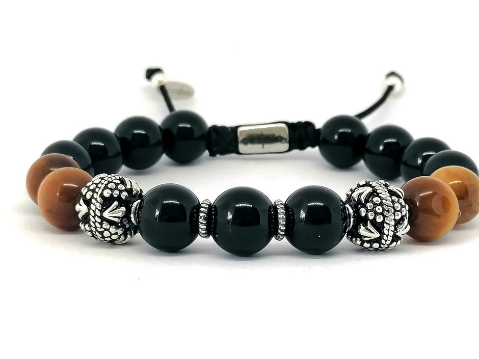 Hand Made Silver Bracelet MyKing Onyx Polish, Tiger Eye Polish stone 10mm | Castello Jewels