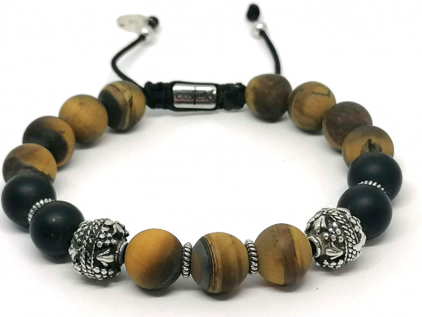 Hand Made Silver Bracelet MyKing Onyx Mat, Tiger Eye Mat stone 10mm | Castello Jewels