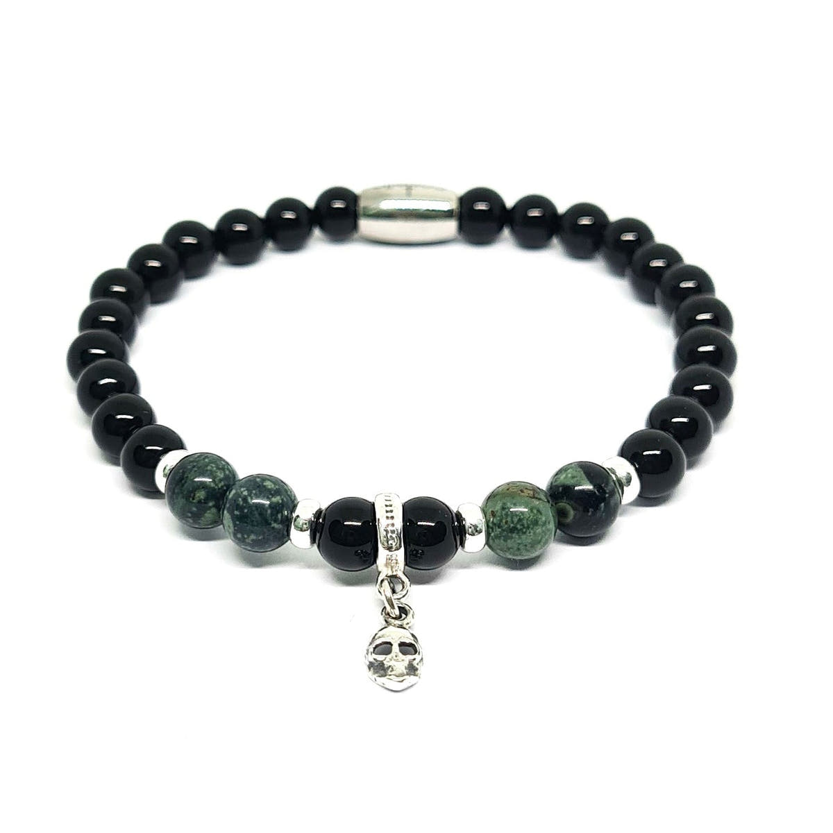 Polished Onyx & Kambaba Jasper Skull Bracelet, 6mm | Castello Jewels