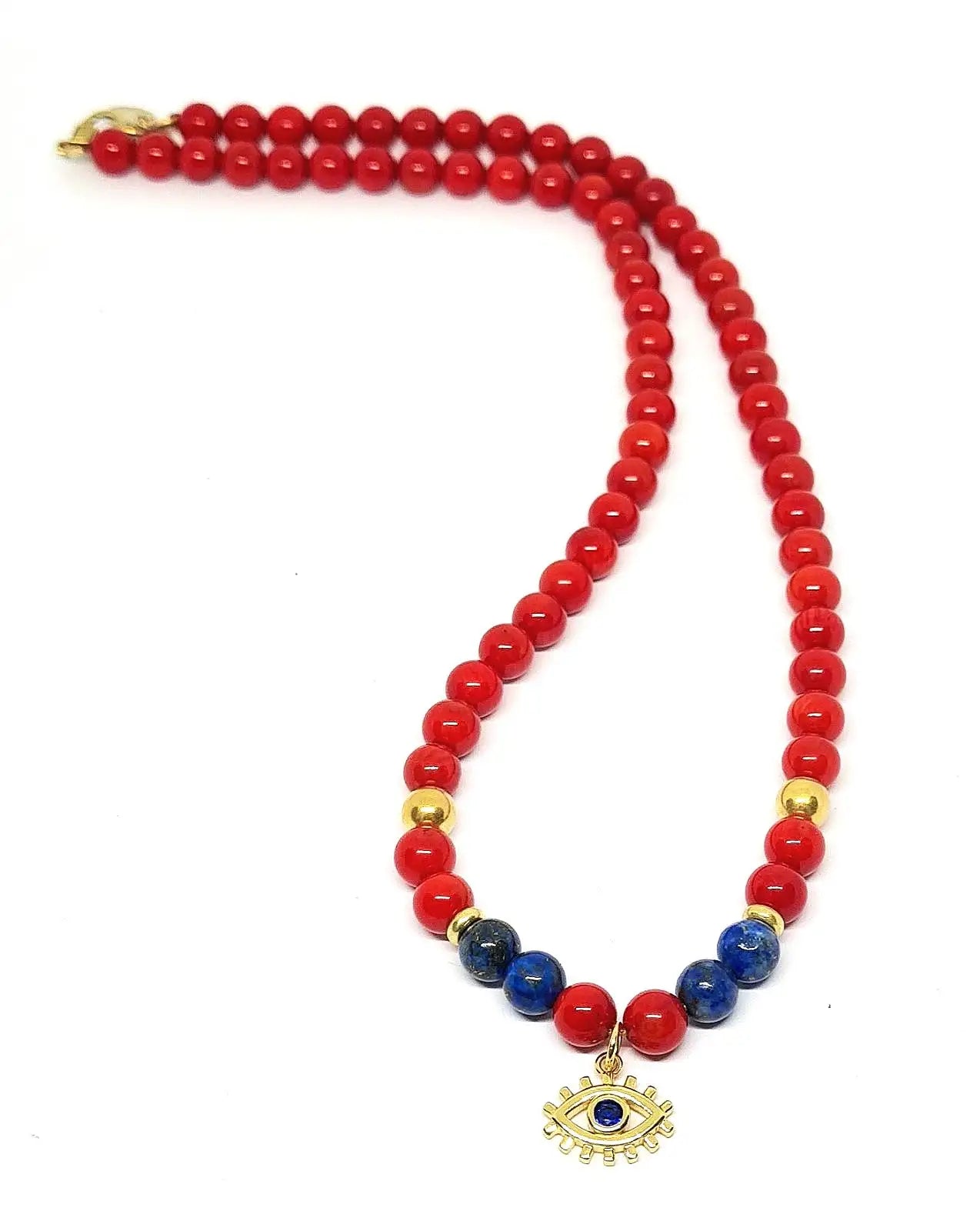 Hand Made Silver 925 Gold Plated, Coral Red, Lapis stone 6mm necklace | Castello Jewels