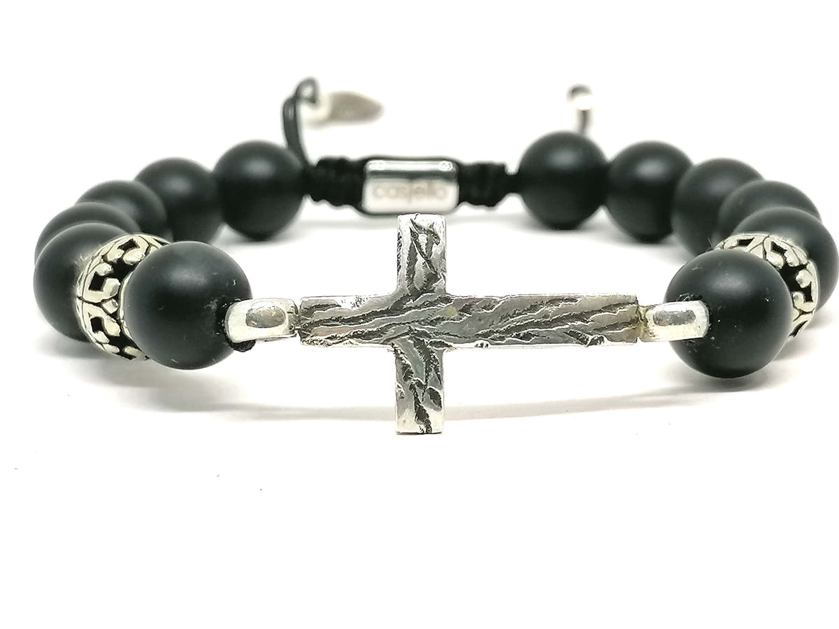 Matte Onyx Cross Bracelet for Men, 10mm, view 4 | Castello Jewels
