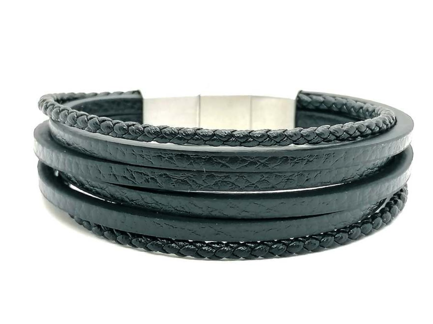 Black Multilayer Leather Bracelet, Stainless Steel DoubleClasp — view 2 | Castello Jewels