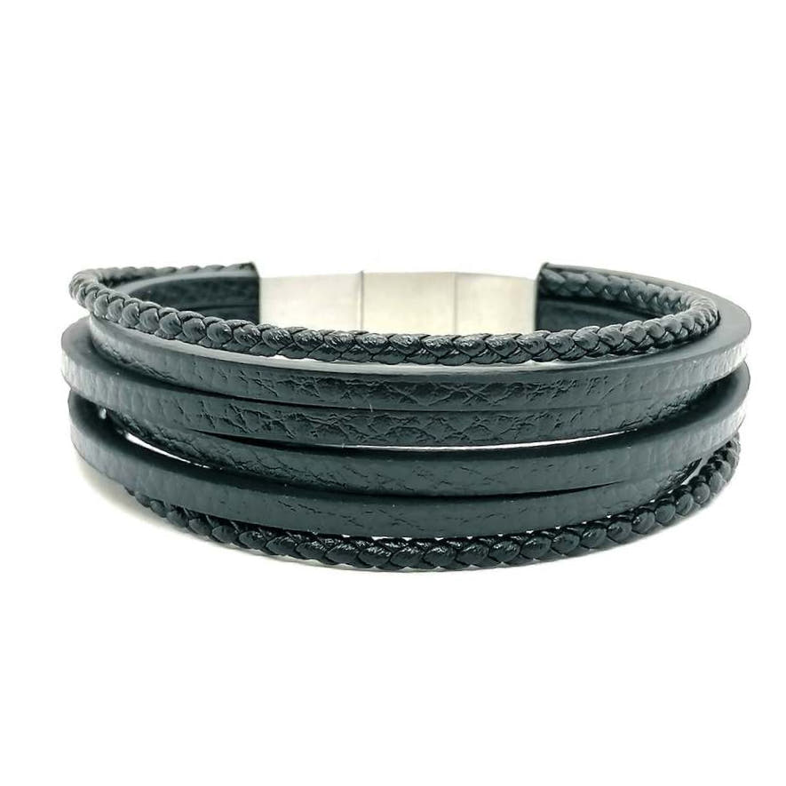 Black Multilayer Leather Bracelet, Stainless Steel DoubleClasp — view 2 | Castello Jewels