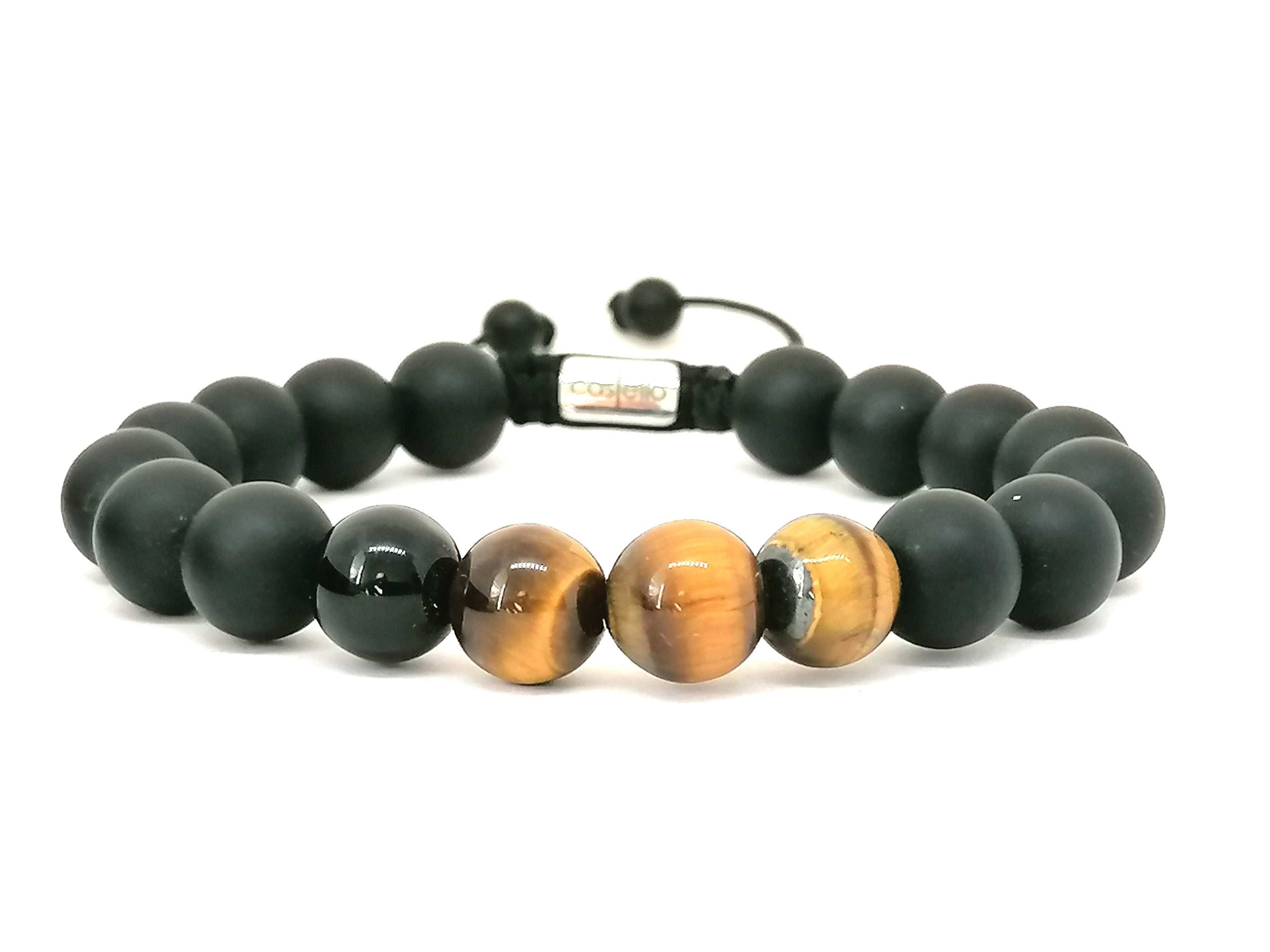 Hand Made Bracelet Tiger Eye Polich, Onyx, 10mm stone | Castello Jewels