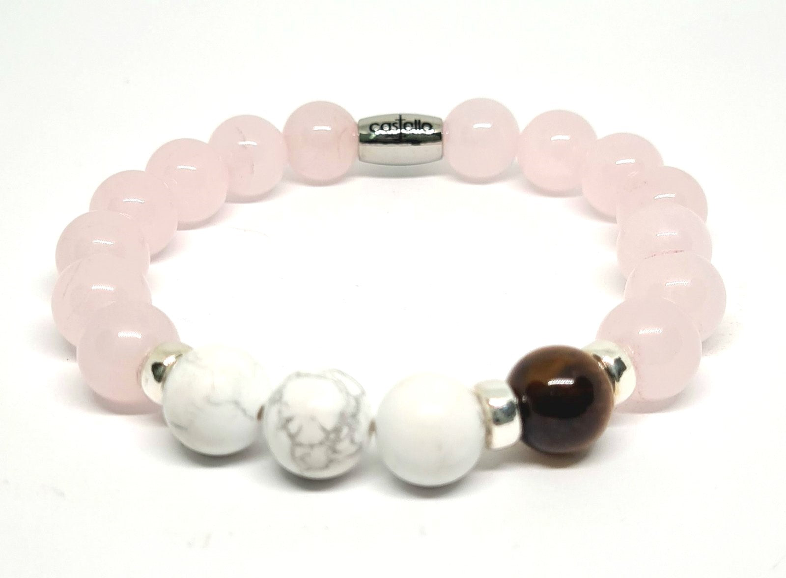 Silver 925 Bracelet Classic Pink Quartz Howlite Tiger's Eye Stone 10mm | Castello Jewels