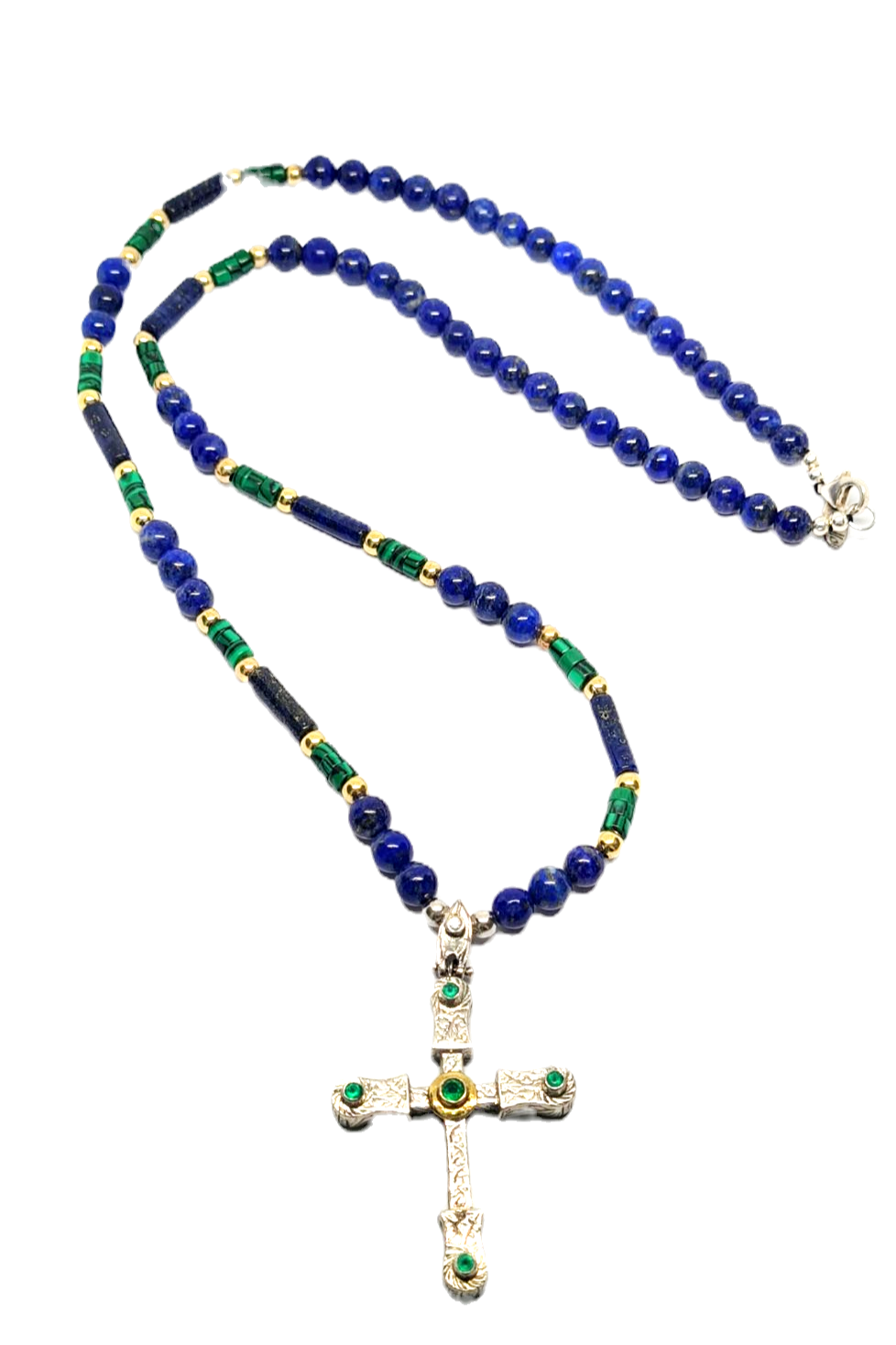 Hand Made Silver 925 Cross With Lapis and malachite stone 6mm | Castello Jewels