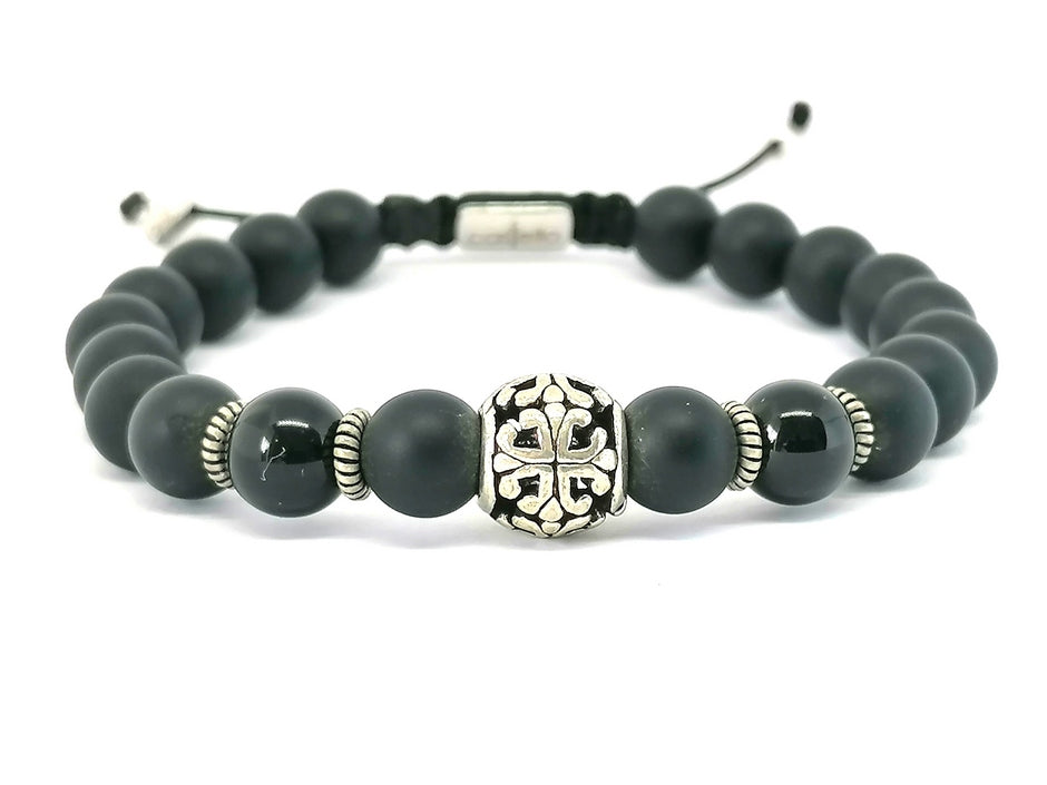 Hand Made Silver Bracelet Knights, Onyx Mat, Onyx Polish stone 8mm | Castello Jewels