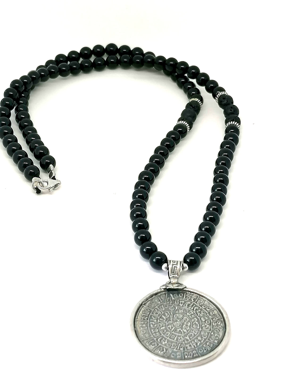 Phaistos Disc Necklace, Onyx & Lava, Men's, 8mm | Castello Jewels