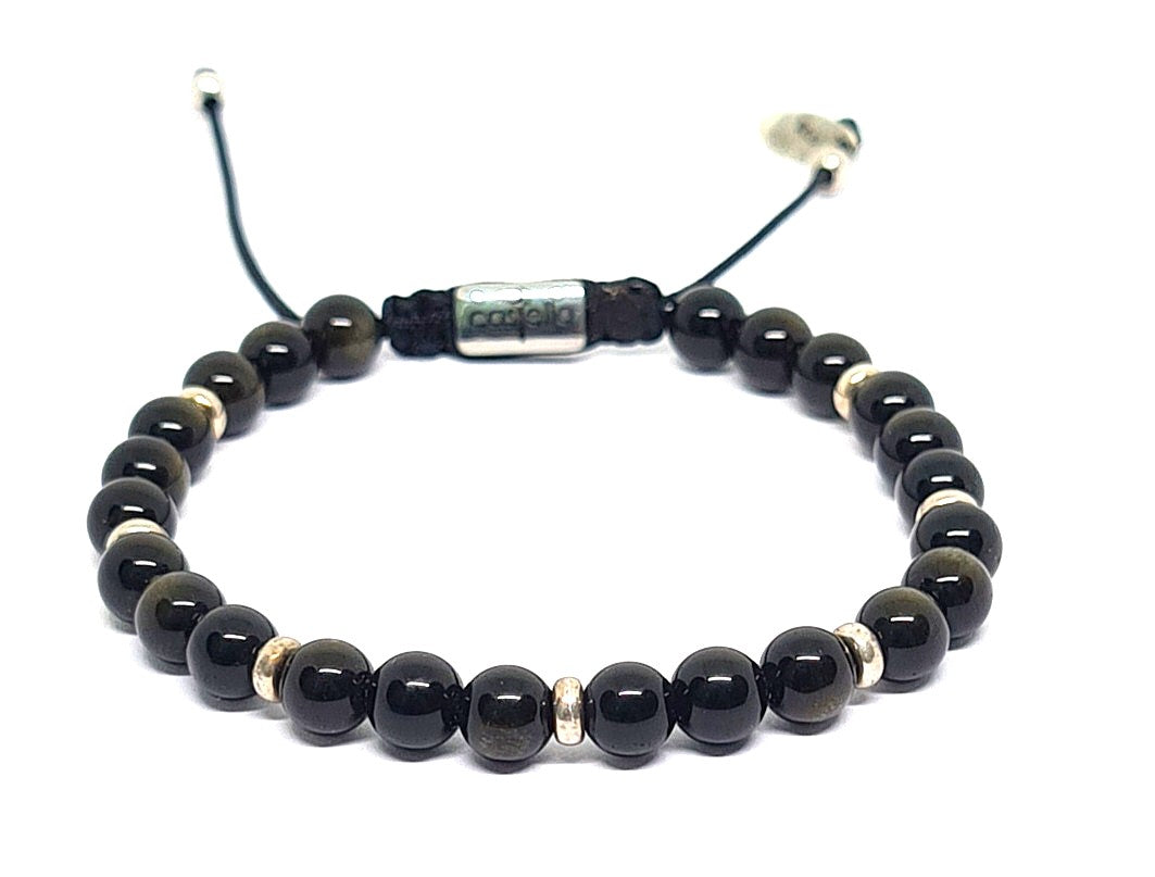 Silver 925 Bracelet Minimal, Obsidian Polish with rondel, 6mm stone | Castello Jewels