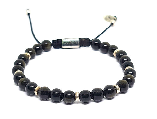 Silver 925 Bracelet Minimal, Obsidian Polish with rondel, 6mm stone | Castello Jewels