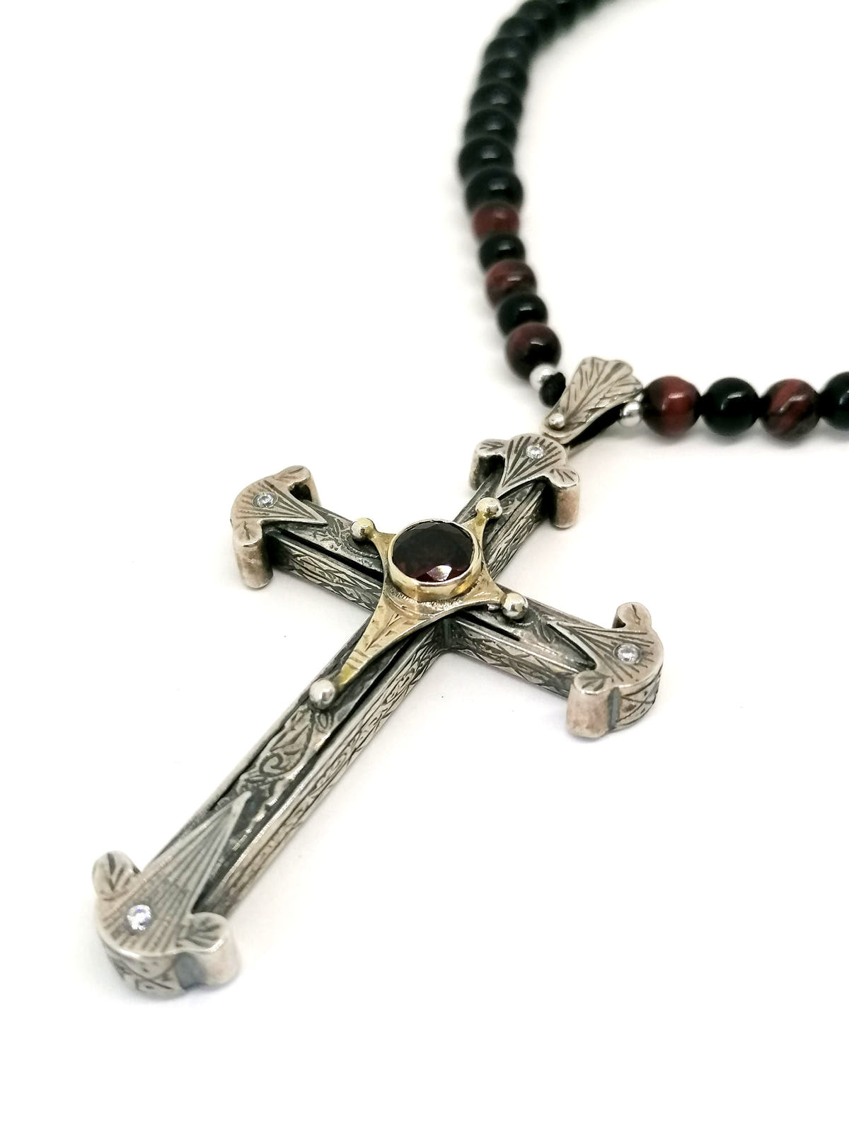 Onyx & Tiger's Eye Byzantine Cross Necklace, Men's, 8mm, view 2 | Castello Jewels