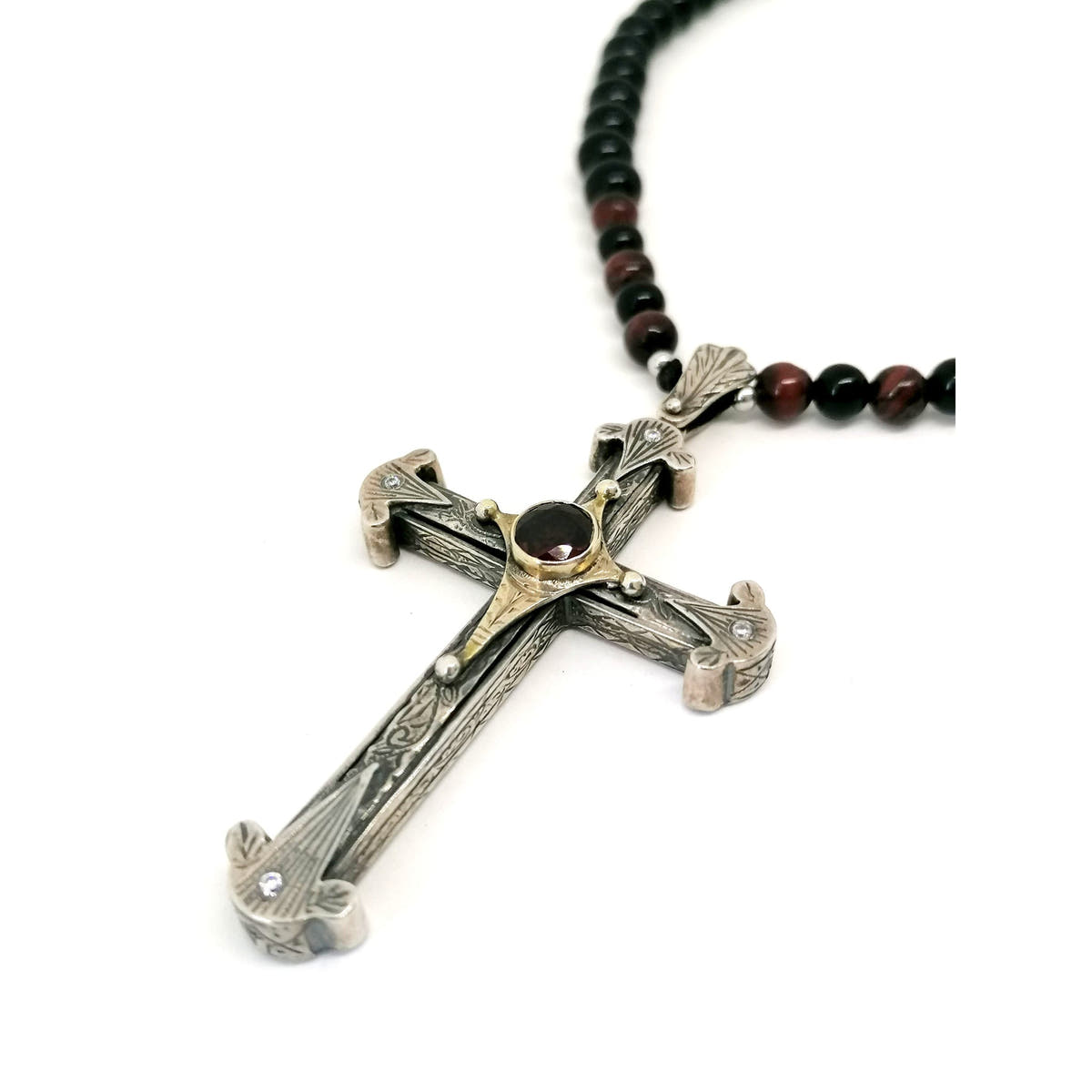 Onyx & Tiger's Eye Byzantine Cross Necklace, Men's, 8mm, view 2 | Castello Jewels