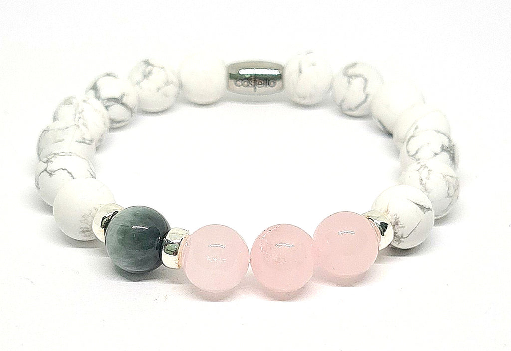 Silver 925 Bracelet Classic Gold Howlite Pin Quartz Eagle Eye stone 10 mm | Castello Jewels