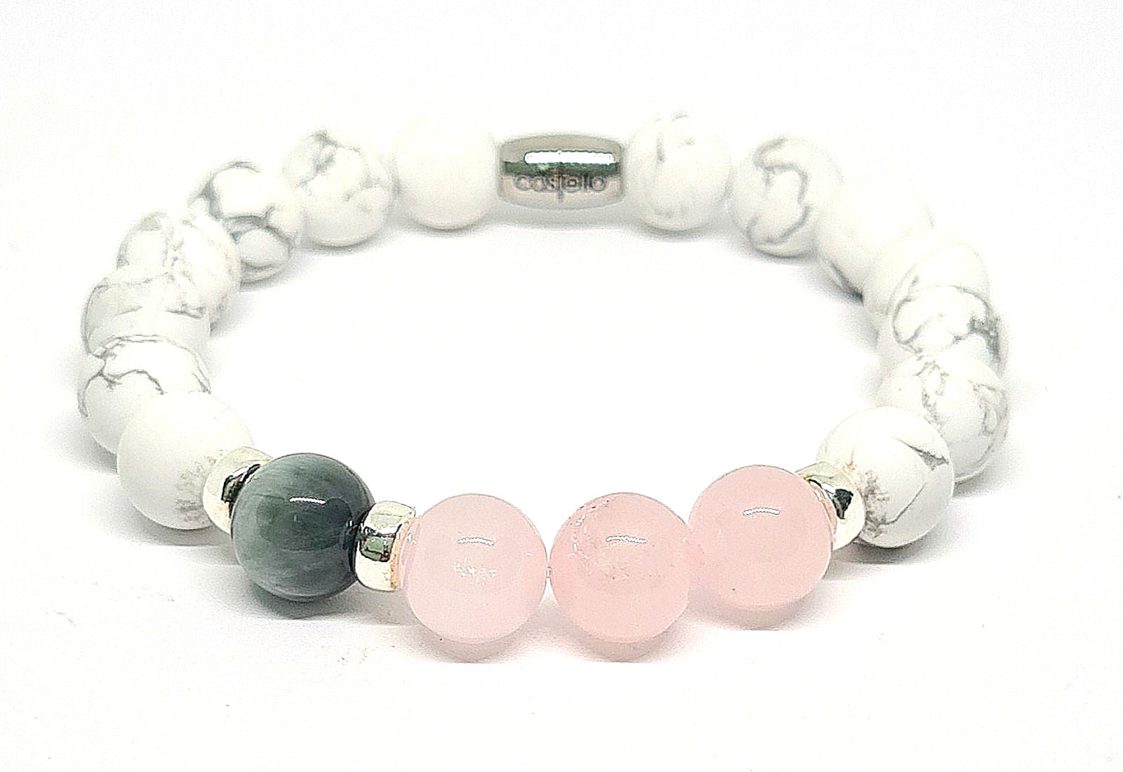 Silver 925 Bracelet Classic Gold Howlite Pin Quartz Eagle Eye stone 10 mm | Castello Jewels