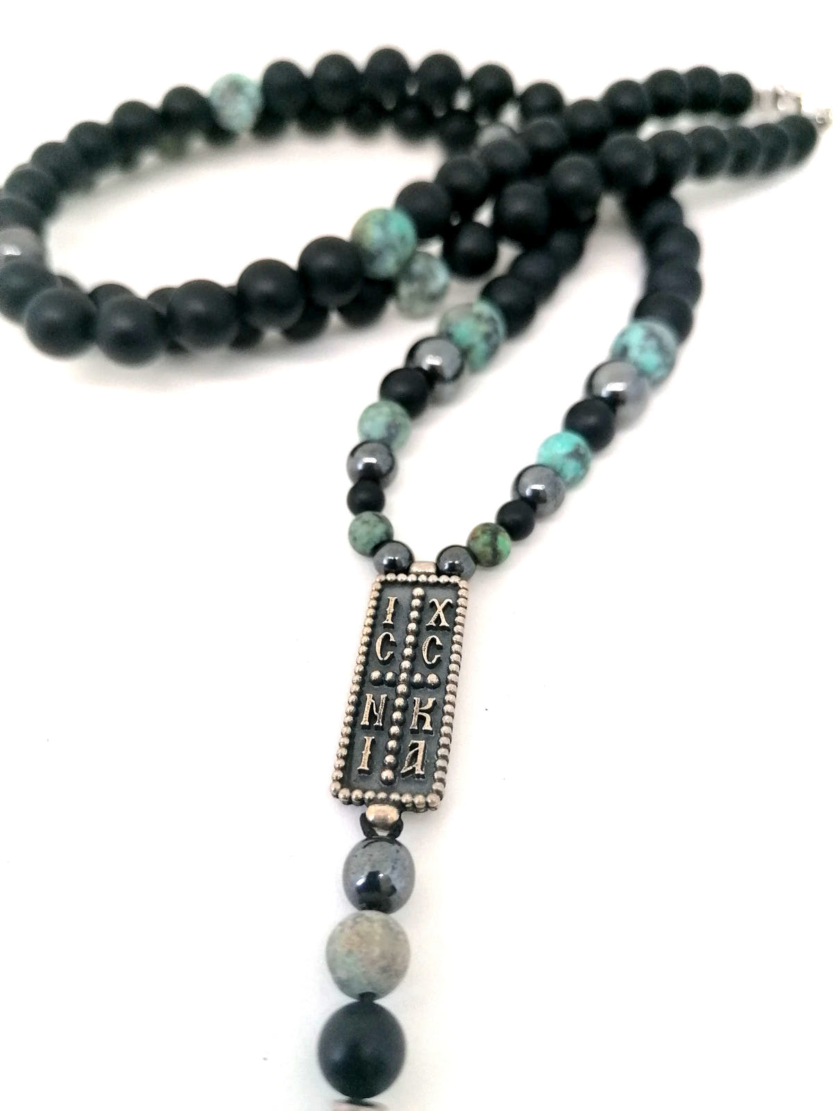 Byzantine Men's Prayer Necklace, Onyx & African Turquoise, Cross, view 2 | Castello Jewels